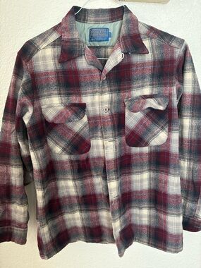 Vintage Pendleton Red, White and Gray Plaid Wool Button-Down Shirt Jacket